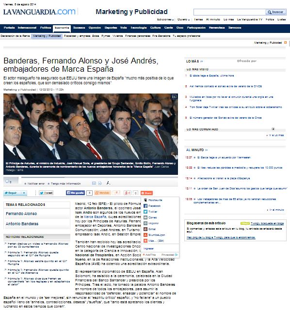 Banderas, Fernando Alonso y José Andrés, embajadores de Marca España
