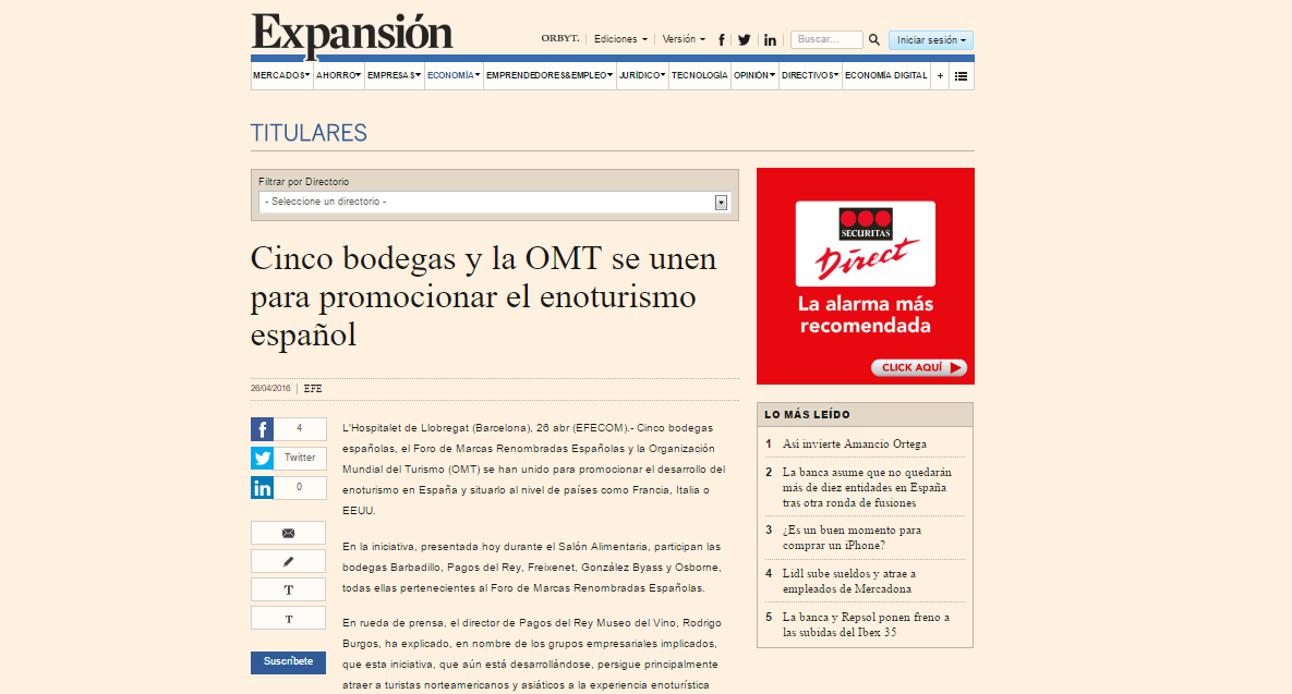 Cinco bodegas, el FMRE y la OMT se unen para promocionar el enoturismo español