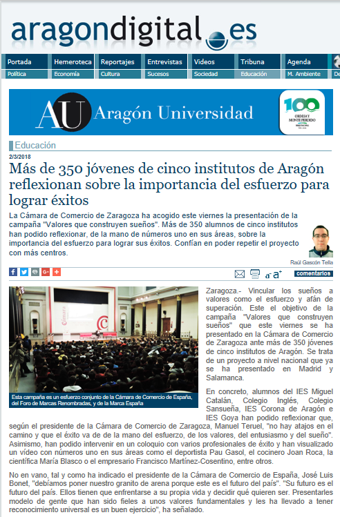 Más de 350 jóvenes de cinco institutos de Aragón reflexionan sobre la importancia del esfuerzo para lograr éxitos