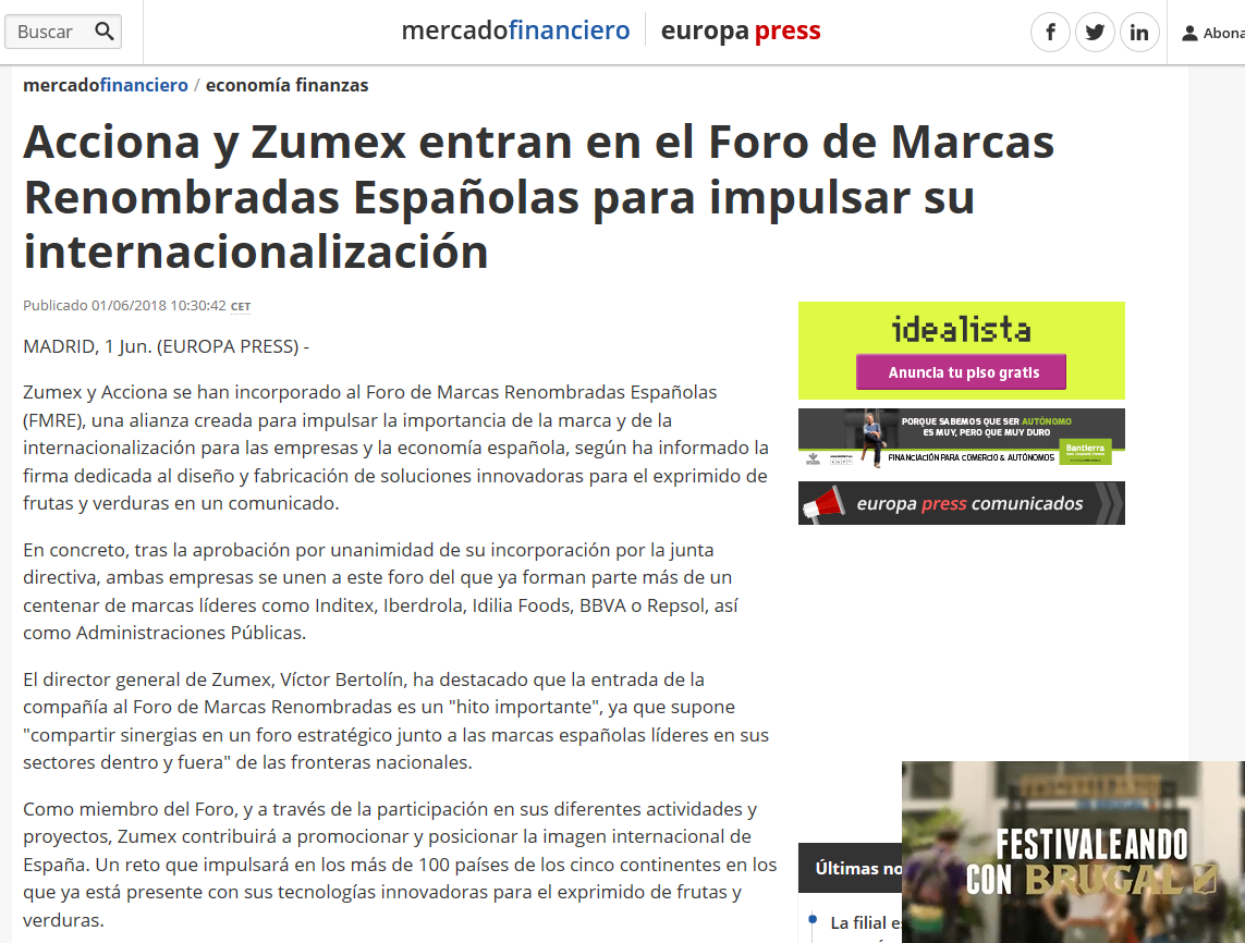 Acciona y Zumex entran en el Foro de Marcas Renombradas Españolas para impulsar su internacionalización